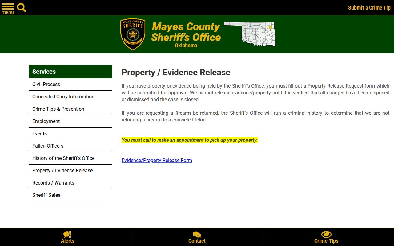Mayes County Detention Center property and evidence release procedure