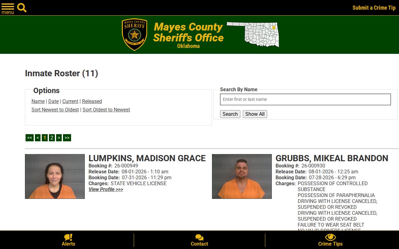 Mayes County released inmate roster with booking and release record fields